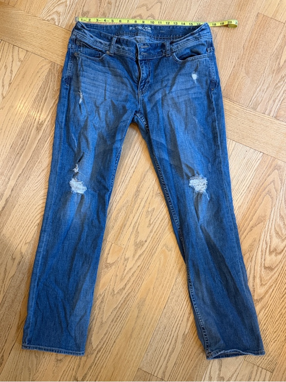 Express Women's Straight Leg Distressed Jeans - Dark Blue